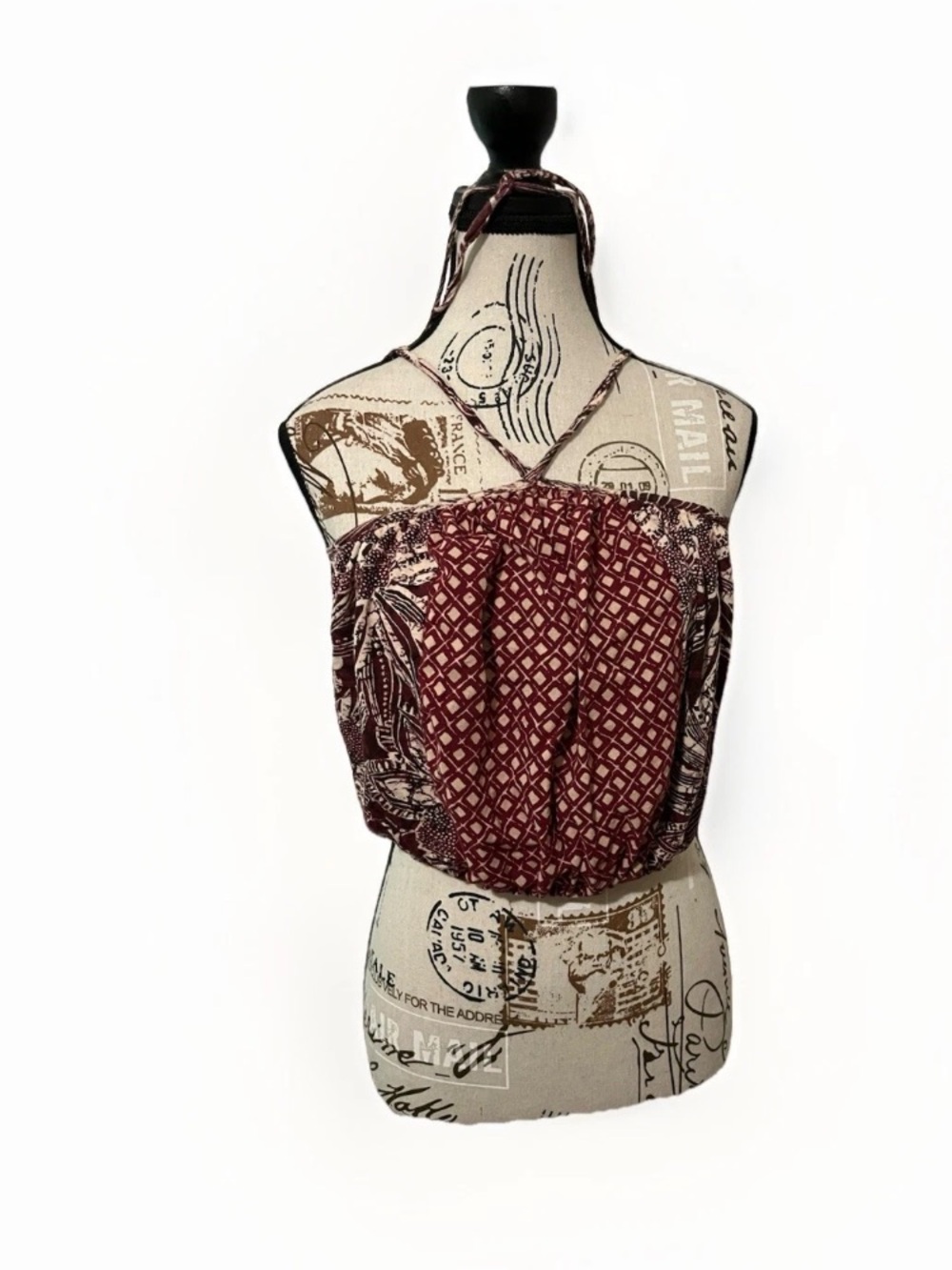 Repaved Pavement Upcycle Halter Top S Small Burgundy Tan Geometric Print Boho
